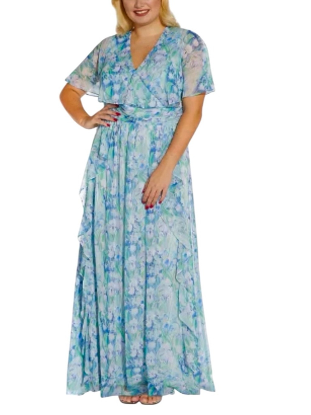 ADRIANNA PAPELL Blue Floral Chiffon Capelet Spring Wedding Guest Maxi Dress 24W
